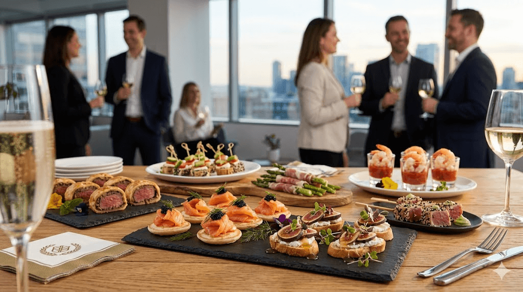 Elegant corporate appetizers displayed for client and colleague gatherings, showcasing diverse flavors and presentation, ideal