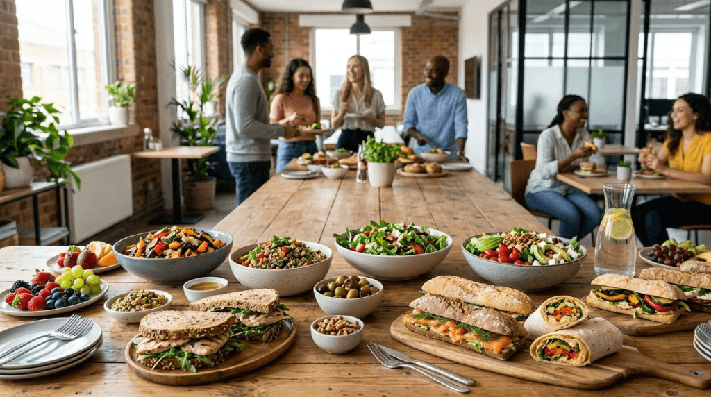 Corporate lunch catering spread with salads, sandwiches, and fruit platters, supporting employee wellness in San