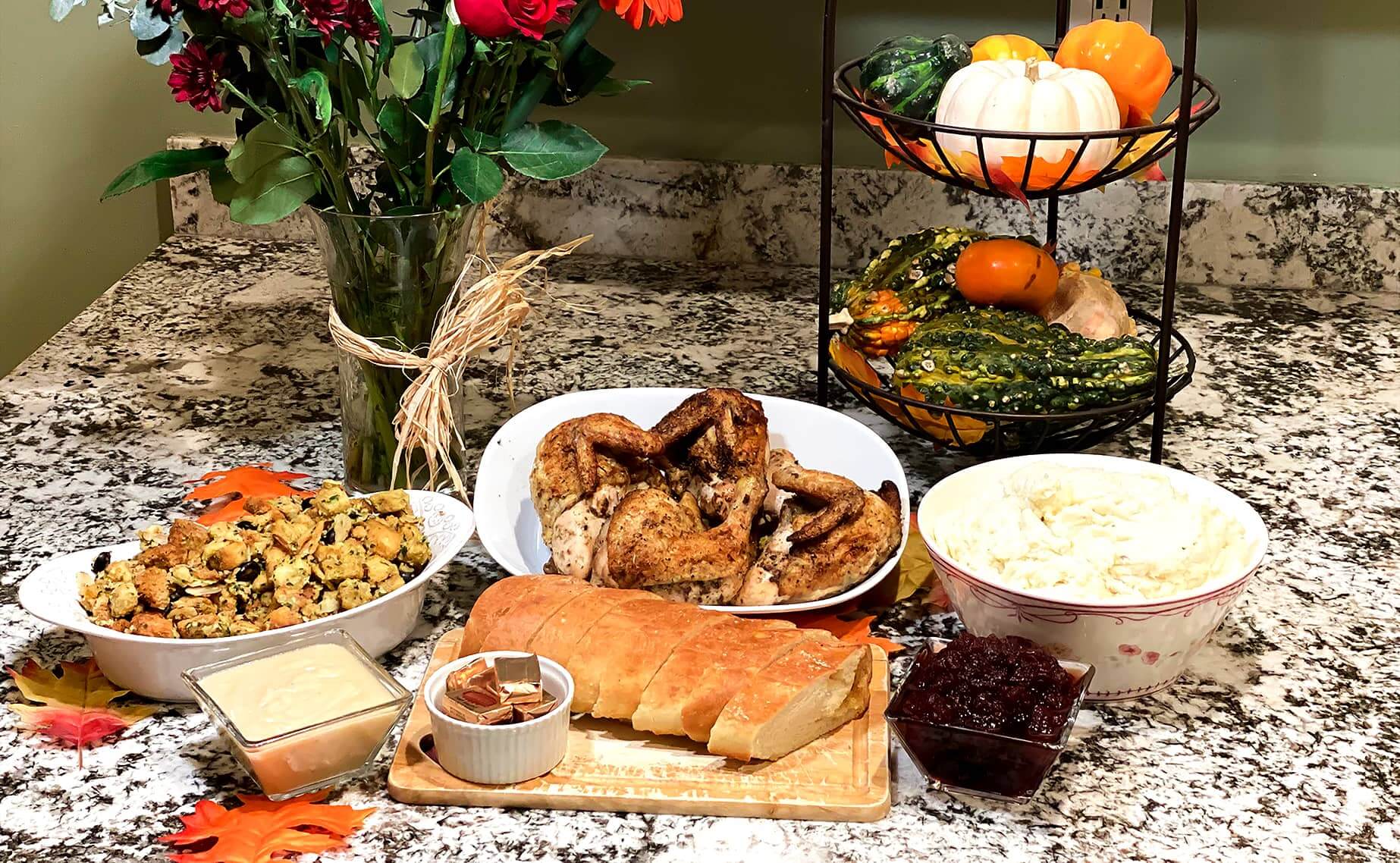 Thanksgiving prepared meal spread featuring roasted turkey, stuffing, and sides, available in San Jose, CA