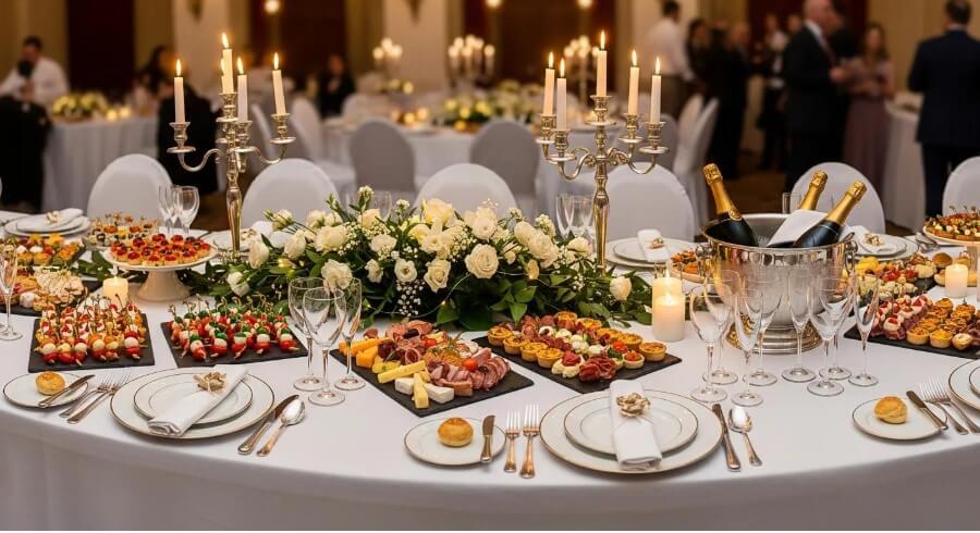 Elegant social event catering display with champagne and floral arrangements, perfect for planning a stress-free